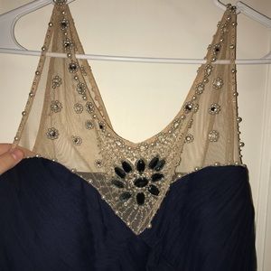 Adrianna Papell Navy Ruched Beaded Sheath Dress